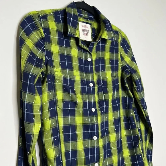 SO S Plaid Flannel Shirt Green Navy Blue White Polka Dot So Soft - Picture 5 of 9